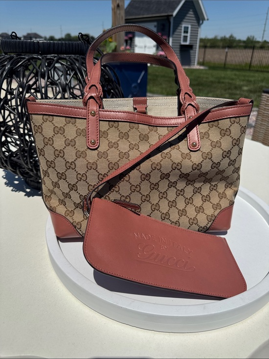 Gucci Handbags - Gucci Beige GG Canvas Tote with Leather Trim and Detachable Pouch